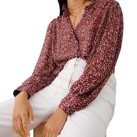 Ba&sh Pabi Printed Ruffle Neck Button-Front Blouse in Framboise, size 0 (XS) - Picture 2 of 9